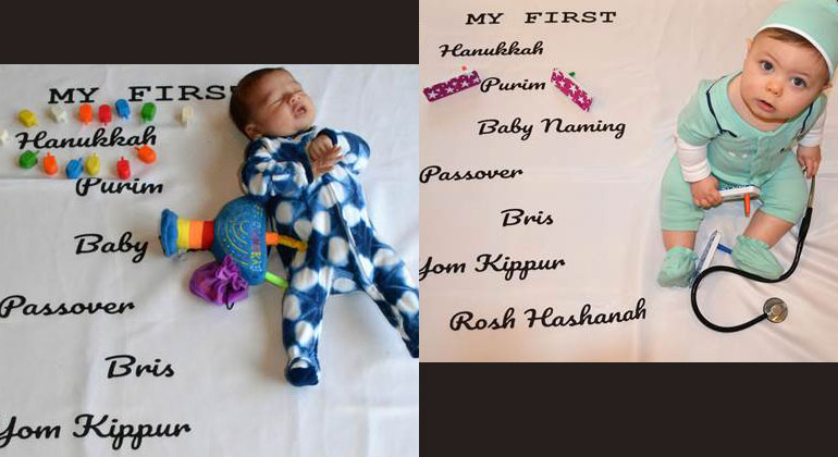 babies on "my first" blanket with list of Jewish milestones