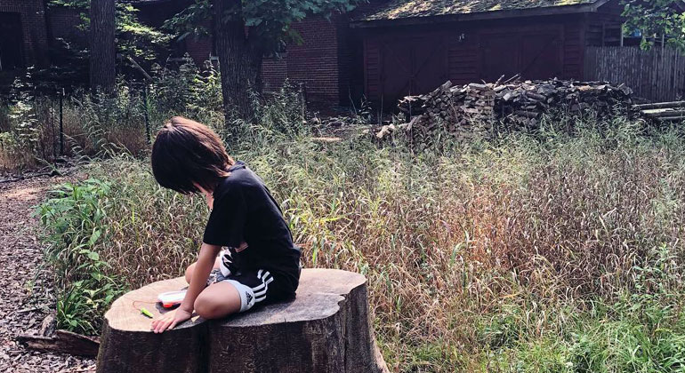 boy sitting on tree stump at camp