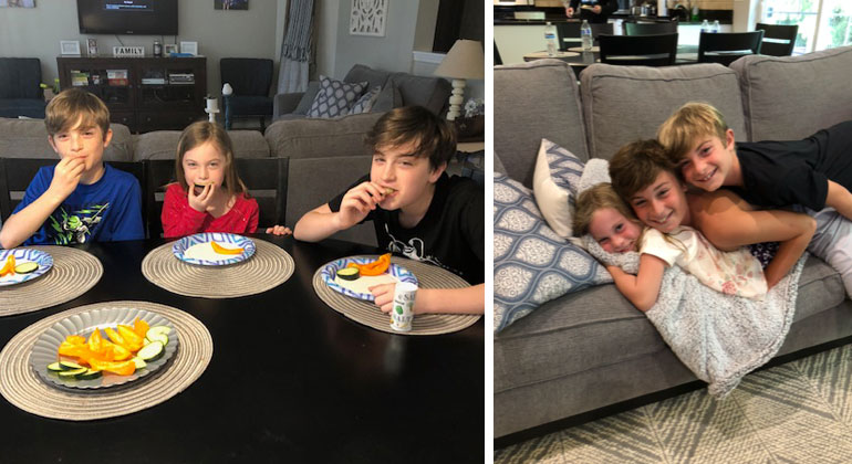 kids at home eating snacks and cuddling on couch