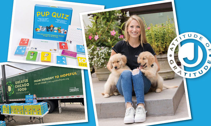 Photo of Lindsey Barnett posing with two puppies, photo of "Pup Quiz" game, photo of Greater Chicago food truck all on blue background