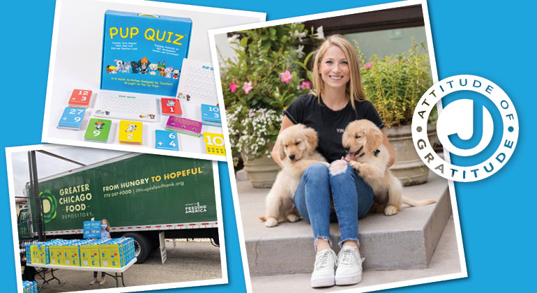 Photo of Lindsey Barnett posing with two puppies, photo of "Pup Quiz" game, photo of Greater Chicago food truck all on blue background