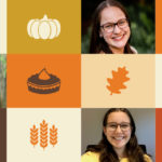 Thanksgiving icons and three teen headshots in a checkerboard image