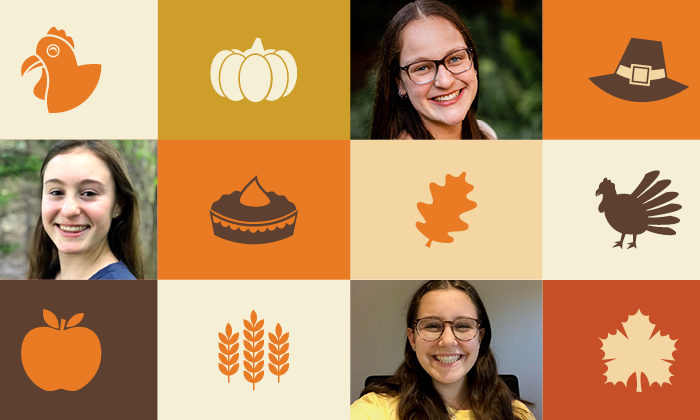 Thanksgiving icons and three teen headshots in a checkerboard image