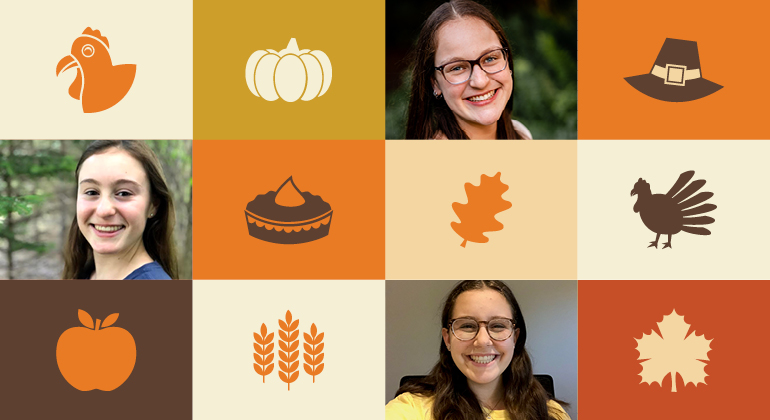 Thanksgiving icons and three teen headshots in a checkerboard image