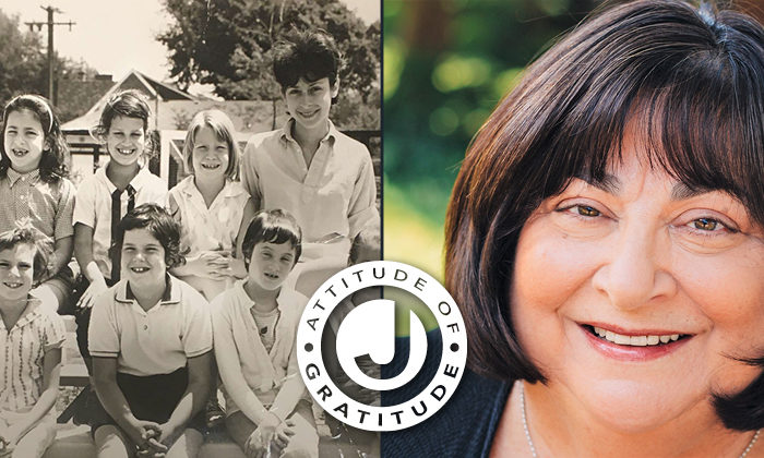 Two photos side by side of Abby Ashkenazi from 1961 as a camper at Bernard Horwich JCC and a current headshot of Abby with the attitude of gratitude logo at the bottom