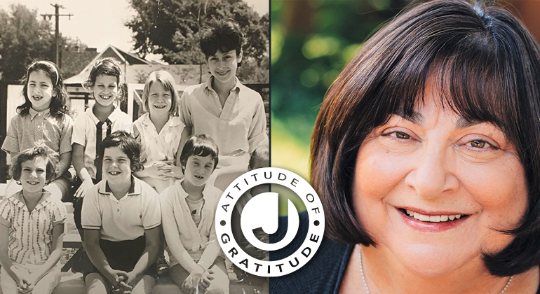 Two photos side by side of Abby Ashkenazi from 1961 as a camper at Bernard Horwich JCC and a current headshot of Abby with the attitude of gratitude logo at the bottom