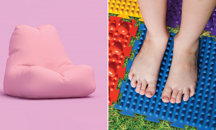 photo of yogibo chair, photo of feet on sensory mat