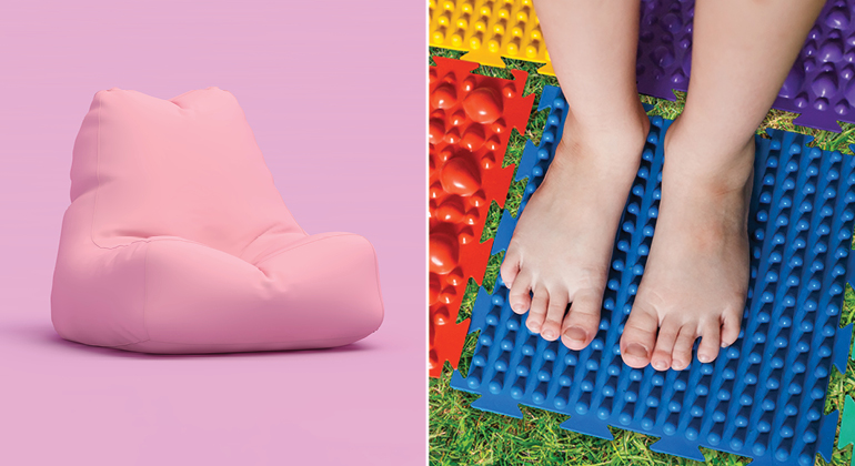 photo of yogibo chair, photo of feet on sensory mat