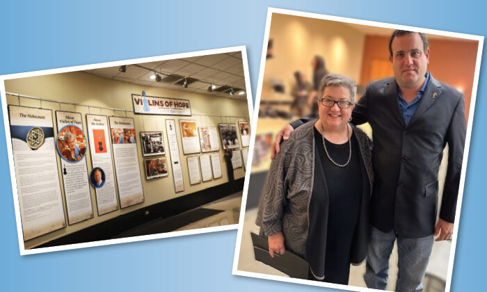 photo of violins of hope exhibit and photo of Tish Calhamer on blue backgorund