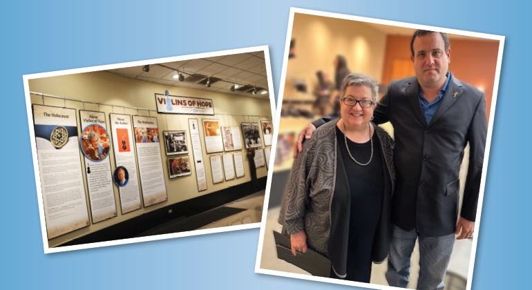 photo of violins of hope exhibit and photo of Tish Calhamer on blue backgorund