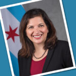 photo of Rachel Arfa in front of Chicago flag on blue background